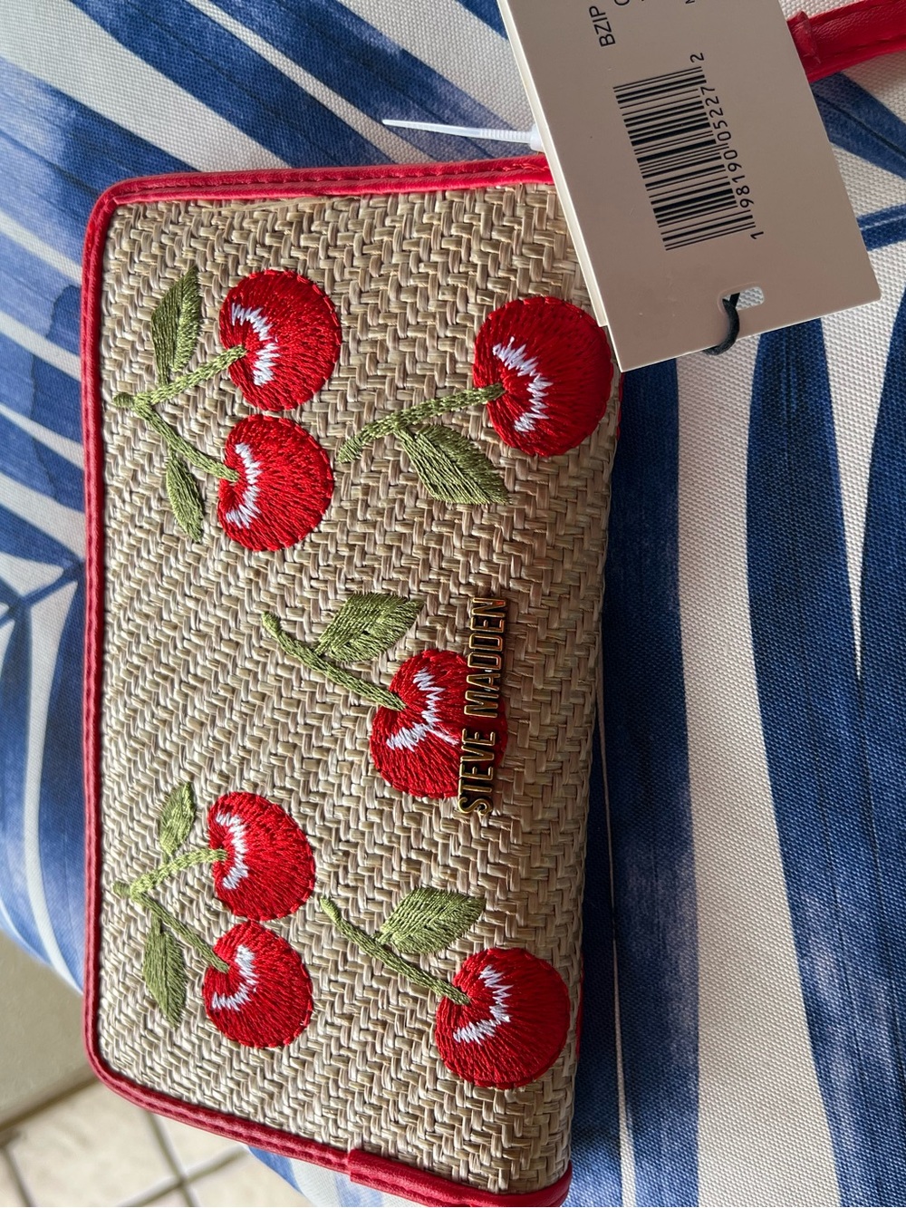 Steve Madden Red Cherry Embroidered Straw Wristlet - Picture 7 of 9